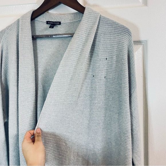 Eileen Fisher Light Gray Ribbed 100% Cashmere Long sleeve Shawl Open Cardigan L - Picture 14 of 16